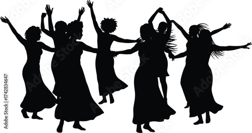 Women dancing silhouette, group dance vector, traditional celebration clipart, cultural festival artwork, joyful movement illustration, circle dance graphic