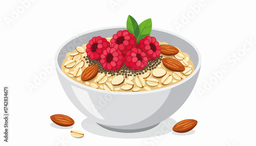 Healthy breakfast bowl of oatmeal with raspberries and almonds. Nutritious porridge with chia seeds isolated on a white background. Vector food illustration