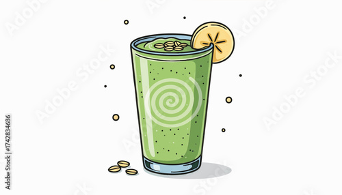 Green smoothie vector illustration with banana and oat garnish. Healthy vegan detox drink in a glass. Concept for nutrition, diet, and wellness