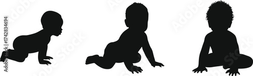 Baby silhouette crawling and sitting, infant development vector illustration, toddler posture study, early childhood growth, newborn activity, child mobility flat vector