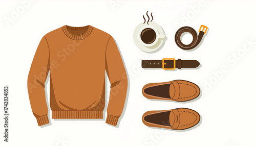 Men's fashion flat lay with a brown sweater, leather loafers, and accessories. Top view vector illustration of a casual outfit with coffee