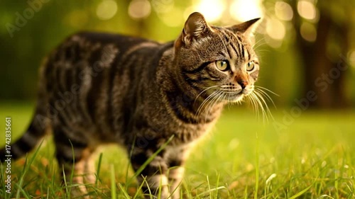 Curious tabby cat explores a sunlit grassy field with soft bokeh background.