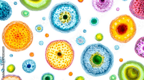 Microscopic view of colorful microorganism or cell on white background. Medical science background with bacterium or virus biology structure for healthcare.