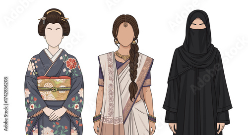 Illustration of three women wearing traditional clothing from Japan, India and the Middle East
