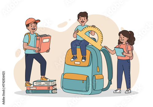 Back to School concept illustration. Students prepare school supplies and put books, pencils, and stationery into a giant backpack