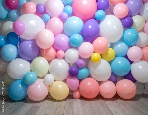 Pastel colored balloons covering a wall, with wooden floor