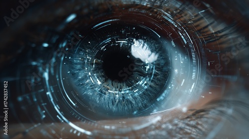 Futuristic eye design with advanced technology. High-tech vision system. Conceptual eye with digital enhancements. Advanced ocular technology. Cutting-edge visual interface.
 