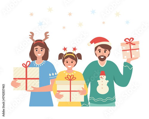 Portrait of Happy family with gifts. Parents with child in festive Christmas clothes. Christmas and New Year greeting card or banner. Flat vector illustration.