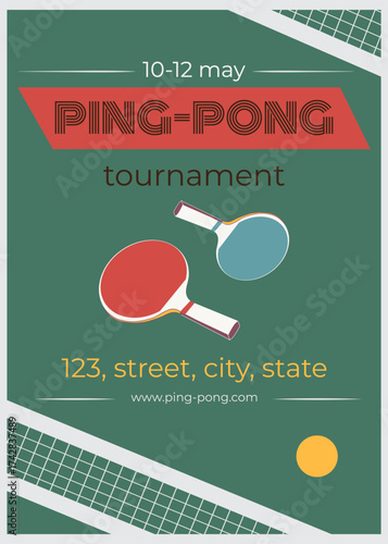 Ping pong tournament, table tennis, competition, ping pong racket, net, ball, sport, retro style