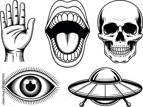 Vector art of collection of various black and white occult symbols in vector