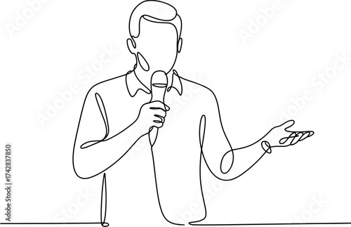 Vector art of man giving a speech with a microphone in continuous line drawing