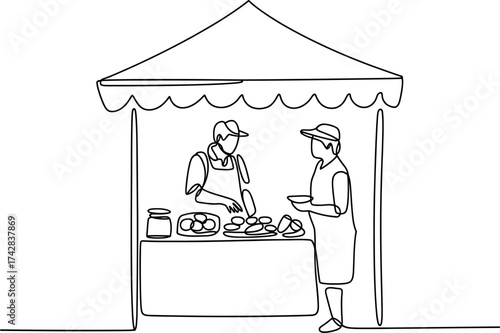 Vector art of farmer selling produce at market stall in continuous line drawing