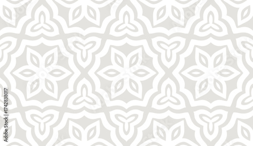 Minimalistic floral seamless vector pattern. Abstract repetitive background with flowers and leaves ornaments. Simple and elegant design style. Gray color on white or transperent background.