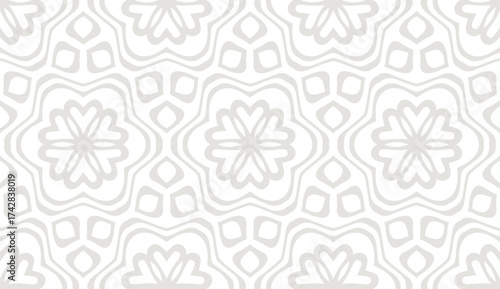 Minimalistic floral seamless vector pattern. Abstract repetitive background with flowers and leaves ornaments. Simple and elegant design style. Gray color on white or transperent background.