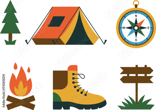 Vector art of camping and hiking icons set for outdoor adventure