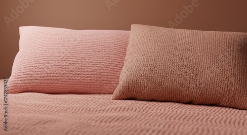 Wallpaper Mural Two textured pillows in shades of pink and dusty rose rest on a matching textured surface, against a plain background. Torontodigital.ca