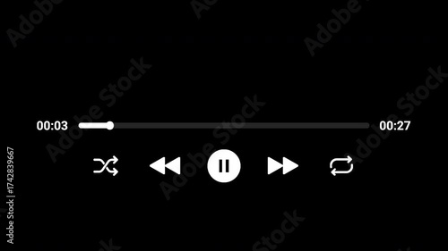 30 seconds minimal music player UI animation with a transparent background and controls. The layout showcases a central pause button, shuffle and repeat icons, and a smooth horizontal progress bar.