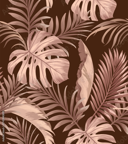 Green tropical palm leaves seamless vector pattern on the black background. Trendy summer print.	
