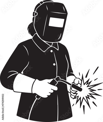 Female Welder Silhouettes with Safety Mask and Welding Torch - Vector Art