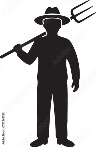 Male Farmer Silhouettes with Pitchfork and Straw Hat - Agricultural Vector Art