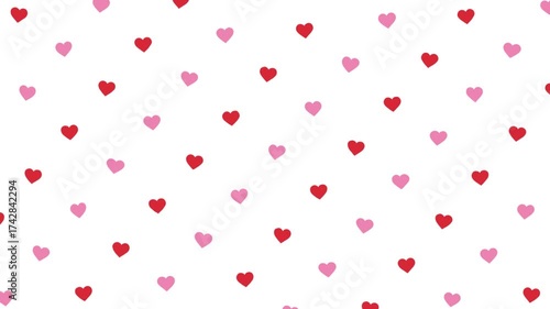 Red and pink heart icons drift upward with subtle turbulence distortion and rotation on a white background. Seamless loop symbolizing love, affection, care, and emotional connection.