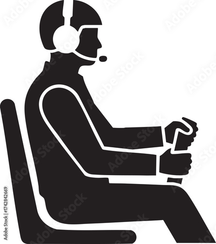 Male Helicopter Pilot Silhouettes Seated with Headset and Cyclic Control - Vector Art