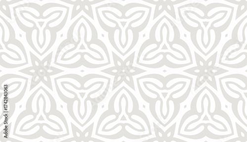 Minimalistic floral seamless vector pattern. Abstract repetitive background with flowers and leaves ornaments. Simple and elegant design style. Gray color on white or transperent background.