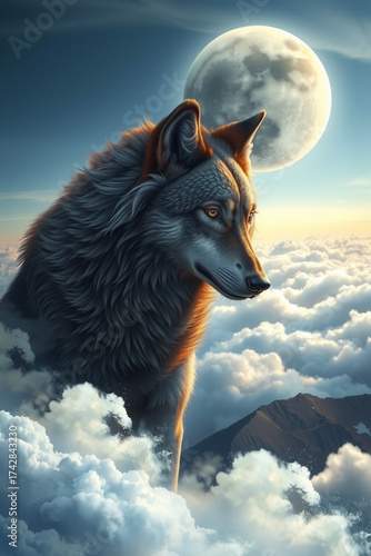 Mystical Wolf Soaring Above Clouds