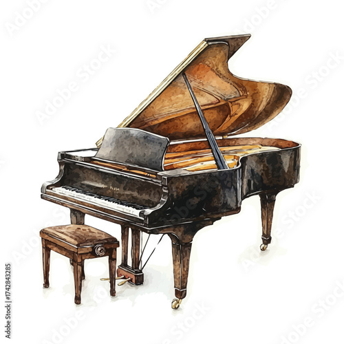 watercolor vector of Piano, isolated on a white background.