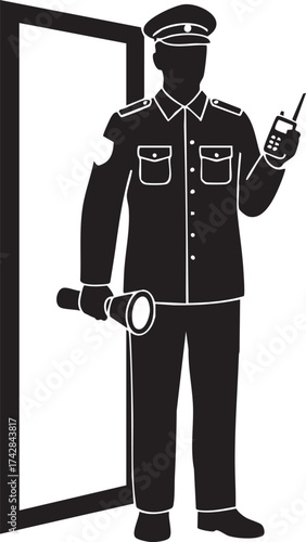 Male Security Guard Silhouettes at Door with Flashlight and Walkie-Talkie - Vector Art