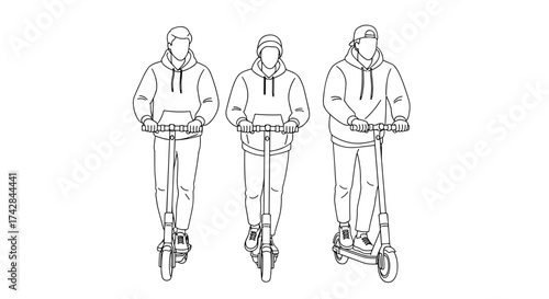 Minimalist line art of three people riding electric scooters offering urban mobility and modern lifestyle