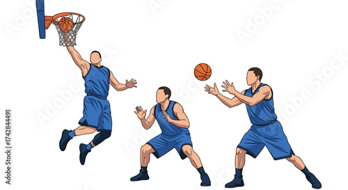 Dynamic basketball players in action scoring a slam dunk with vector graphics motion effect animation