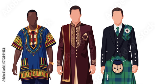 Celebrating world cultures showcasing diverse traditional formal menswear attire and fashion styles