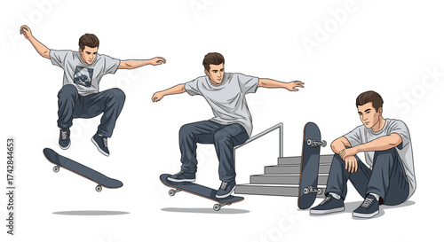 Dynamic skateboarder performing tricks, landing jump, and resting, capturing youth energy and skill