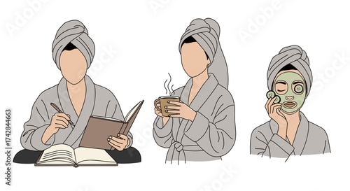 Elegant woman relaxing at home spa day writing in journal and enjoying tea, self care vector art