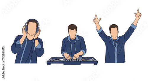 Dynamic DJ performing live music set with headphones, mixing and celebrating with raised hands