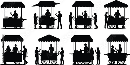 Black silhouettes of food vendors and customers at carts on white background food cart street food