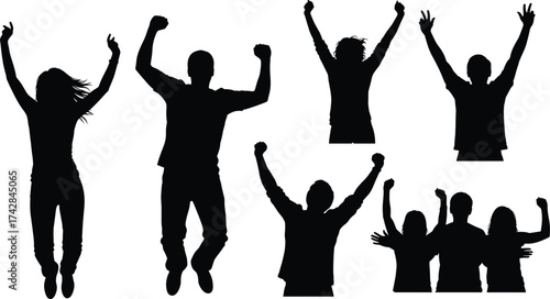 Silhouettes of people celebrating with raised arms and fists celebration victory