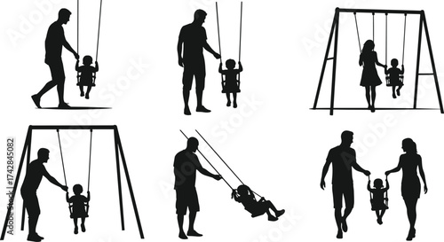 Black silhouettes of parents pushing children on swings in a park swing set playground