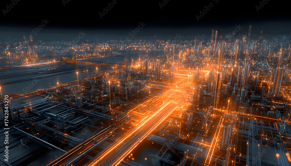 Naklejka premium A futuristic industrial city network with glowing orange lights and complex structures representing data flow and technological advancement