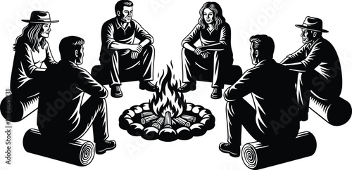 Six people in silhouette sitting around a campfire on logs night group