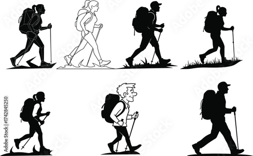 Six diverse hikers with backpacks and poles walking in silhouette and line art trekking hiking
