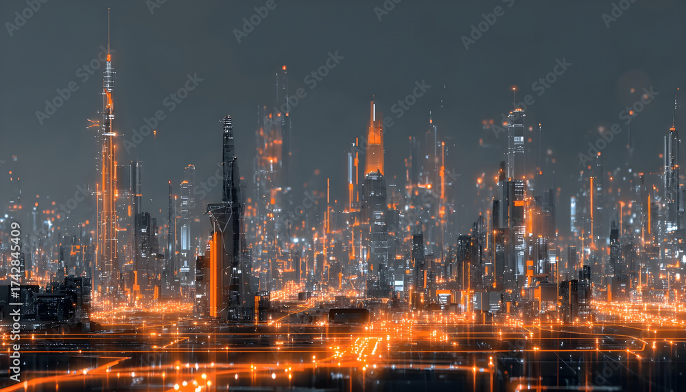 Fototapeta premium A futuristic industrial city network with glowing orange lights and complex structures representing data flow and technological advancement