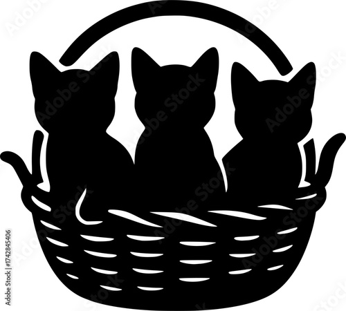 Three kittens in a basket, silhouette, vector style, minimal