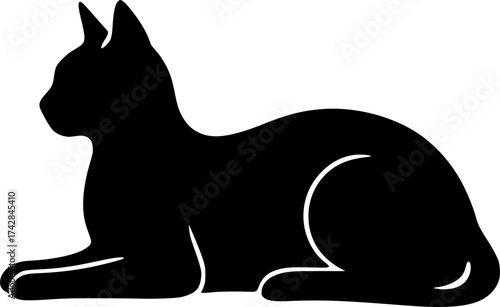 Minimalist sphinx pose cat contour, black silhouette, isolated