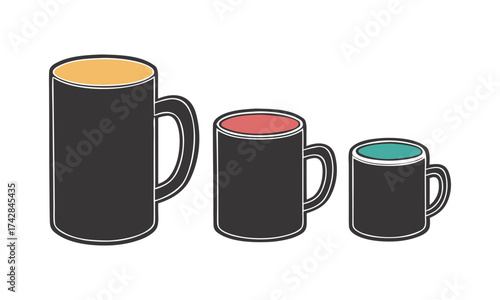 Matte Black Coffee Mug Set – Three Minimal Vector Mugs in a Row, Mug template set, easily editable. 