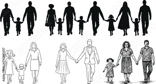 Black silhouette families and line drawing families holding hands walking family black and white