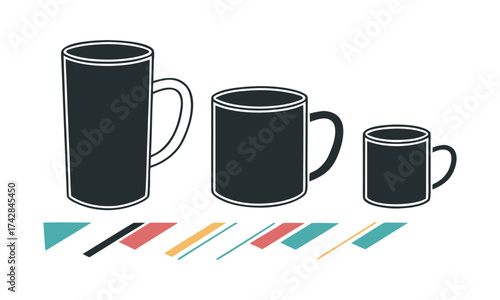 Matte Black Coffee Mug Set – Three Minimal Vector Mugs in a Row, Mug template set, easily editable. 