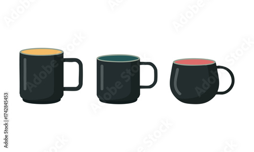 Matte Black Coffee Mug Set – Three Minimal Vector Mugs in a Row, Mug template set, easily editable. 