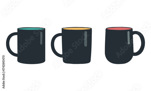 Matte Black Coffee Mug Set – Three Minimal Vector Mugs in a Row, Mug template set, easily editable. 